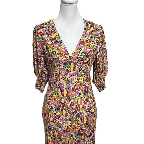 Rixo x Target Pink Multi Floral Midi Dress Puff Sleeves V Neck Women’s Size 6 - Picture 5 of 12